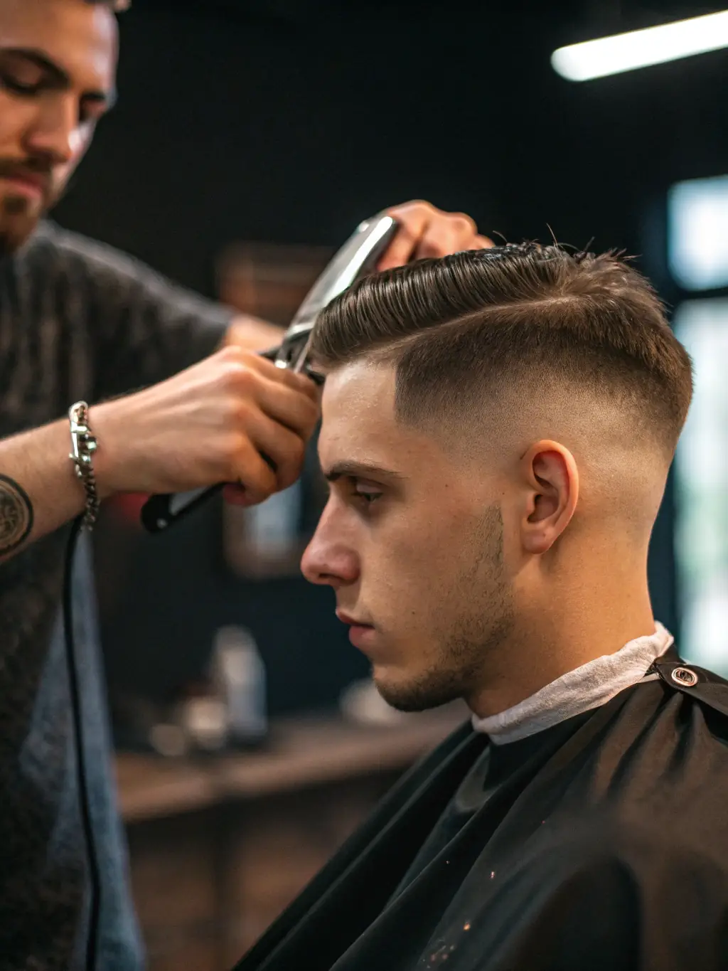 A man getting a modern fade haircut at BeauTech Barbershop, with the barber carefully shaping the hair using clippers.