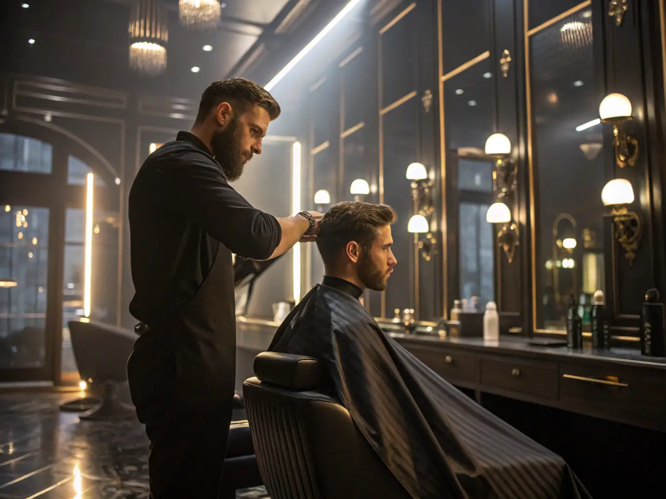 A stylish man with a modern haircut sitting in a barber's chair, with the barber carefully styling his hair using professional products.