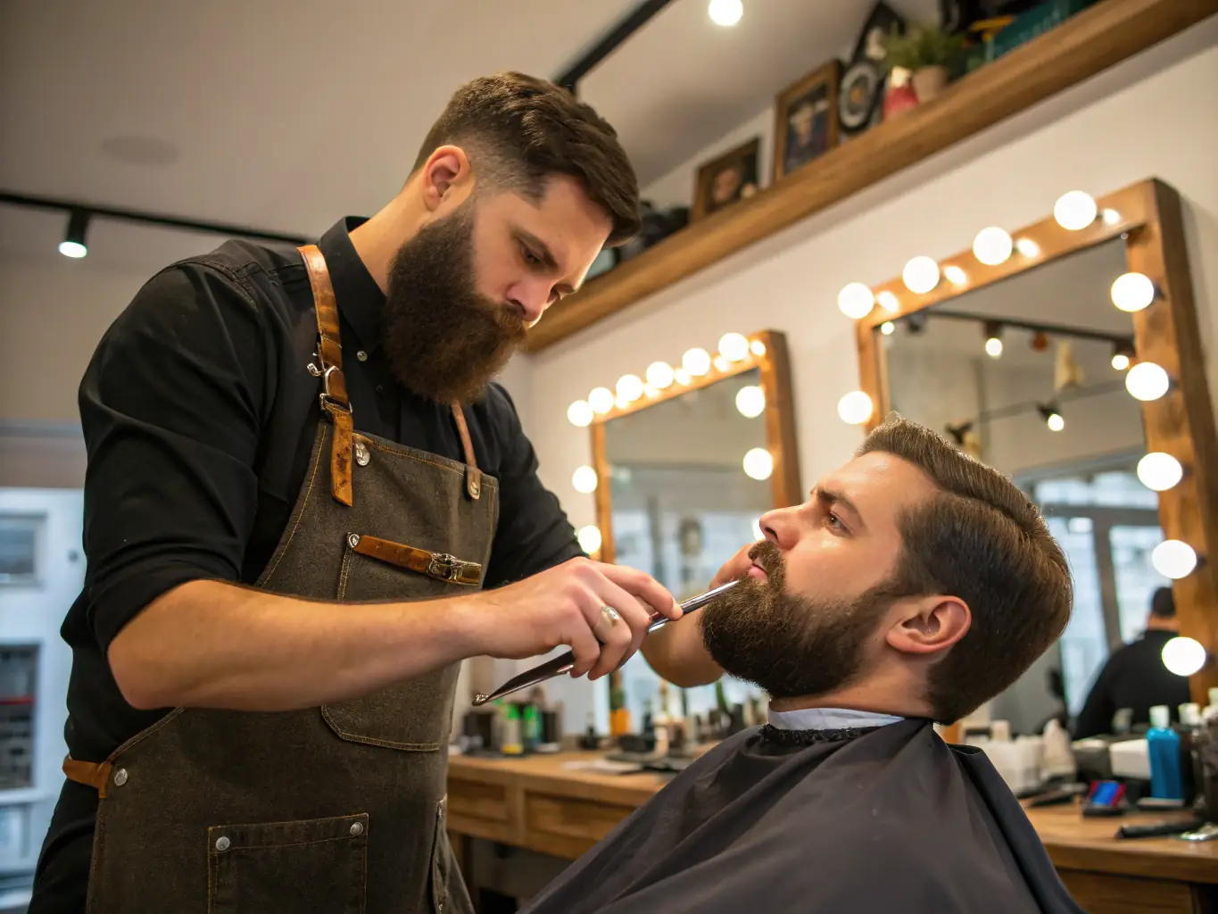 A close-up shot of a barber meticulously trimming a beard with professional tools in a modern barbershop setting, showcasing precision and attention to detail.