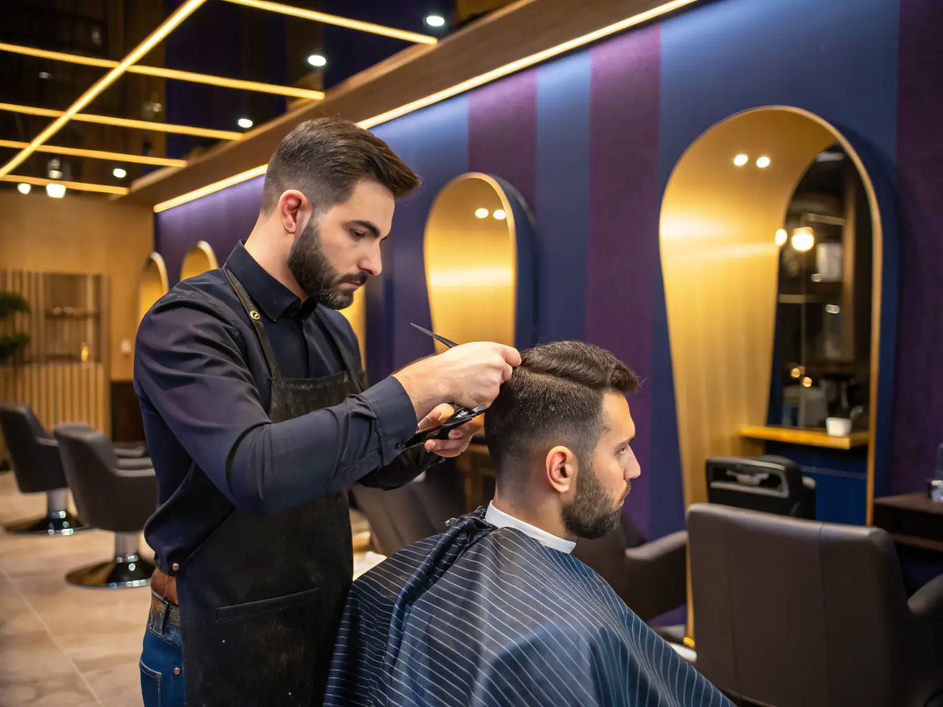 A barber using traditional techniques to give a client a classic, clean-cut hairstyle in a vintage-inspired barbershop setting.